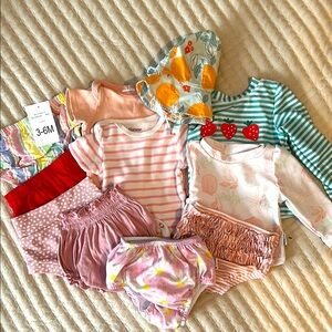 Baby Bundle of bathing suits, swim diaper, multiple shorts, onesies and sun hat